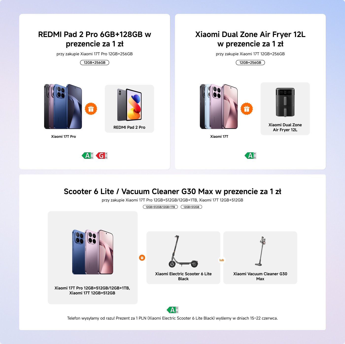 Promocyjne oferty na produkty Xiaomi są wyświetlane.

1. **REDMI Pad 2 Pro (6GB+128GB)** - Dostępny za 1 PLN przy zakupie Xiaomi 17T Pro (12GB+256GB).
2. **Xiaomi Dual Zone Air Fryer (12L)** - Dostępny za 1 PLN przy zakupie Xiaomi 17T Pro (12GB+256GB).
3. **Hulajnoga 6 Lite / Odkurzacz G30 Max** - Dostępny za 1 PLN przy zakupie Xiaomi 17T Pro (12GB+512GB) lub Xiaomi 17T (12GB+512GB).

Oferty ważne przy określonych zakupach, z datami dostawy zaznaczonymi dla hulajnogi.