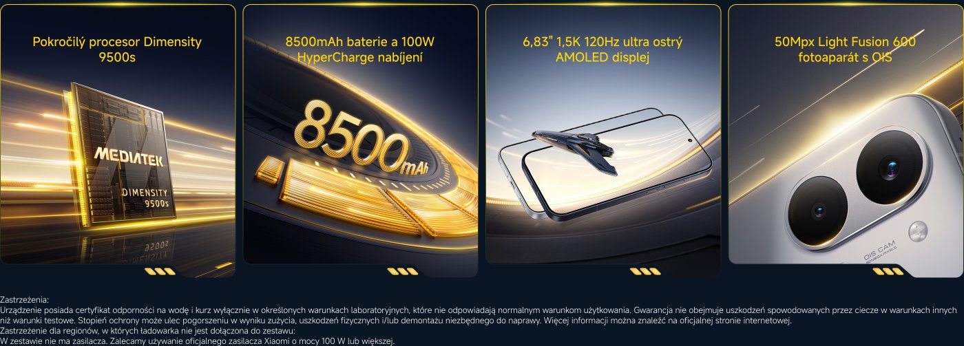 Procesor Snapdragon® 8 Elite Gen 5 s 6500mAh velkou baterií, podporuje 100W kabelové a 50W bezdrátové rychlé nabíjení. Vybaven 50Mpx Light Fusion 950 kamerou s OIS, poskytuje kvalitní fotografický zážitek. Obsahuje zvukový systém Bose s symetrickým stereem a hlubokými basy.