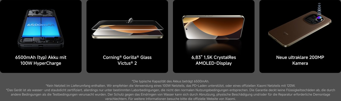 Das Bild zeigt ein REDMI Note 15 Pro+ 5G Smartphone, ausgestattet mit einem 6500mAh Akku und 100W Schnellladung. Das Telefon verfügt über Corning Gorilla Glass Victus 2, eine IP66/IP68 Staub- und Wasserbeständigkeitsklasse, eine 200MP Ultra-HD-Kamera, ein 6,83 Zoll 1,5K CrystalRes AMOLED-Display sowie einen Snapdragon 7s Gen 4 Prozessor. Der Preis beträgt 499,90 Euro.