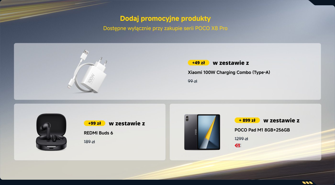 Ogłoszenie promocyjne dla serii POCO X8 Pro, oferujące zestaw do ładowania Xiaomi 100W (Typ-A) za dodatkowe 49 zł, pierwotnie w cenie 99 zł.
