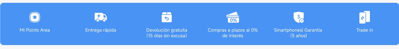 The text in the image highlights several features of a service, including:

1. Mi Points area.
2. Fast delivery.
3. Free returns (15 days without excuse).
4. 0% interest installment purchases.
5. 3-year warranty for smartphones.
6. Trade-in option (device exchange).

These features suggest attractive benefits for consumers.
