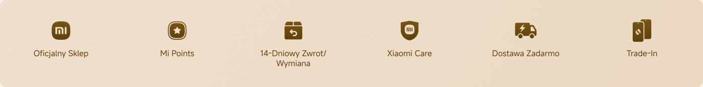 Obraz przedstawia szereg ikon i tekstu związanych z usługą zakupową. Zawiera opcje takie jak:

1. Oficjalny Sklep
2. Punkty Mi
3. 14-dniowy zwrot/wymiana
4. Xiaomi Care
5. Darmowa dostawa
6. Wymiana

Te elementy sugerują usługi i korzyści oferowane klientom.