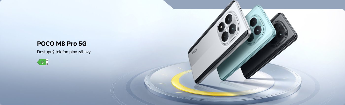 Ukázka telefonu POCO M8 Pro 5G, která nabízí širokou škálu barevných variant, zdůrazňuje jeho vysokou hodnotu za peníze a zábavný charakter. Reklamní slogan uvádí, že cena začíná na 7299 českých korunách. Pozadí je jednoduché s gradientními barvami, což zvyšuje vizuální přitažlivost produktu.