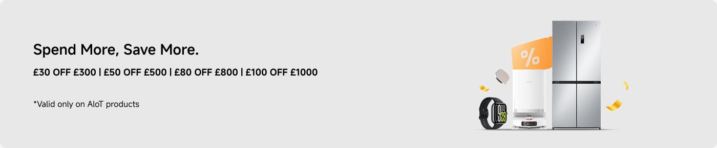 Promotion offering discounts for purchases of AIoT products: £30 off £300, £50 off £500, £80 off £800, and £100 off £1000. A variety of products are illustrated, including a smartwatch, a robotic vacuum, and a refrigerator.