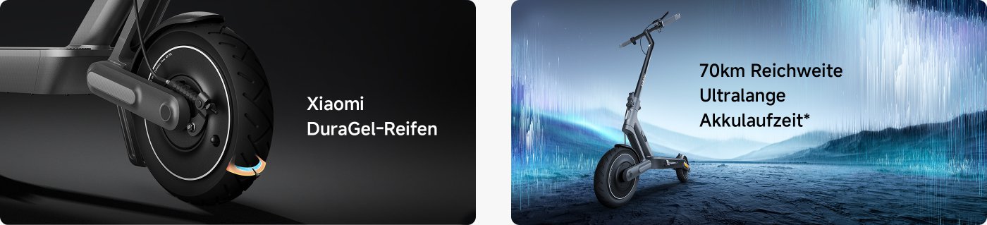 Auf der linken Seite wird eine Nahaufnahme des DuraGel-Reifens von Xiaomi gezeigt, auf der rechten Seite ist ein Panorama-Bild des Elektrorollers abgebildet, das mit „70 km Reichweite, ultra-lange Batterielebensdauer“ beschriftet ist. Der Hintergrund ist ein technologieorientierter Farbverlauf in Blau und Schwarz.