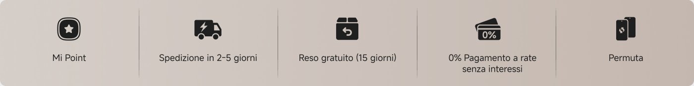 La presentazione include diverse icone e testi, fornendo le seguenti informazioni: Mi Point, tempi di consegna da 2 a 5 giorni, resi gratuiti entro 15 giorni, pagamenti rateali senza interessi al 0% e servizio di sostituzione del dispositivo.