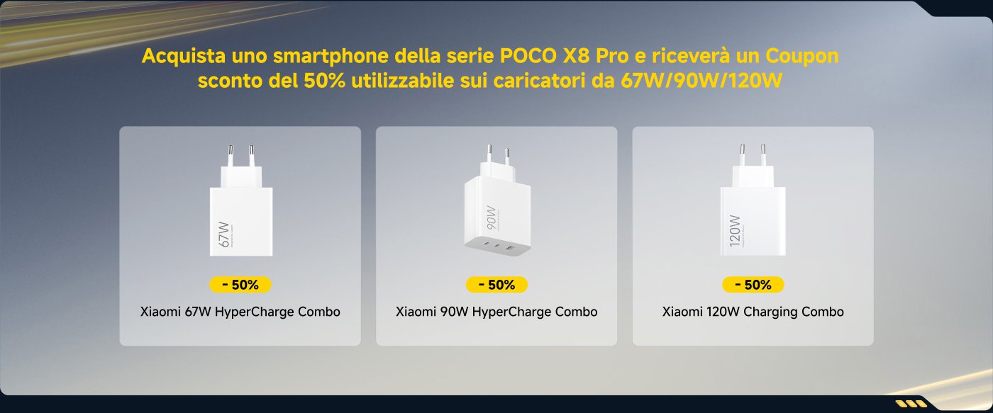 Acquista uno smartphone della serie POCO X8 Pro e ricevi un coupon sconto del 50% per i caricatori da 67W, 90W e 120W. Mostra i caricatori con il rispettivo sconto del 50%: Xiaomi 67W HyperCharge Combo, Xiaomi 90W HyperCharge Combo, e Xiaomi 120W Charging Combo.