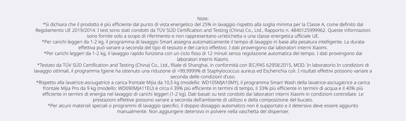 The text describes the characteristics of energy efficiency and performance of a product, referring to tests conducted by TÜV SÜD. It is highlighted that the product is 25% more efficient than the minimum threshold of Class A. Additionally, intelligent washing programs for light loads, results in bacteria reduction, and comparisons of efficiency between different washing machine models are mentioned.