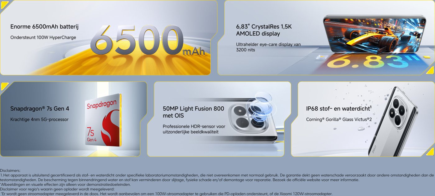 Enorme 6500mAh batterij met ondersteuning voor 100W HyperCharge. 6,83" CrystalRes 1,5K AMOLED display met 3200 nits helderheid. Aangedreven door Snapdragon® 7s Gen 4, een krachtige 5G-processor. 50MP Light Fusion 800 camera met OIS voor uitstekende beeldkwaliteit. IP68 stof- en waterdicht, met Corning Gorilla® Glass Victus®.