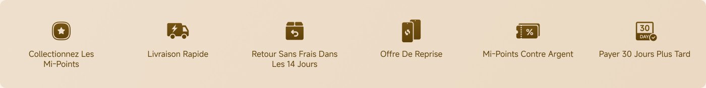 Le texte présente plusieurs services, dont :

1. **Collection des Mi-Points** - accumulez des points.
2. **Livraison Rapide** - service de livraison rapide.
3. **Retour Sans Frais Dans Les 14 Jours** - possibilité de retourner sans frais.
4. **Offre De Reprise** - programme d'échange.
5. **Mi-Points Contre Argent** - échangez des points contre de l'argent.
6. **Payer 30 Jours Plus Tard** - option de paiement différé de 30 jours.