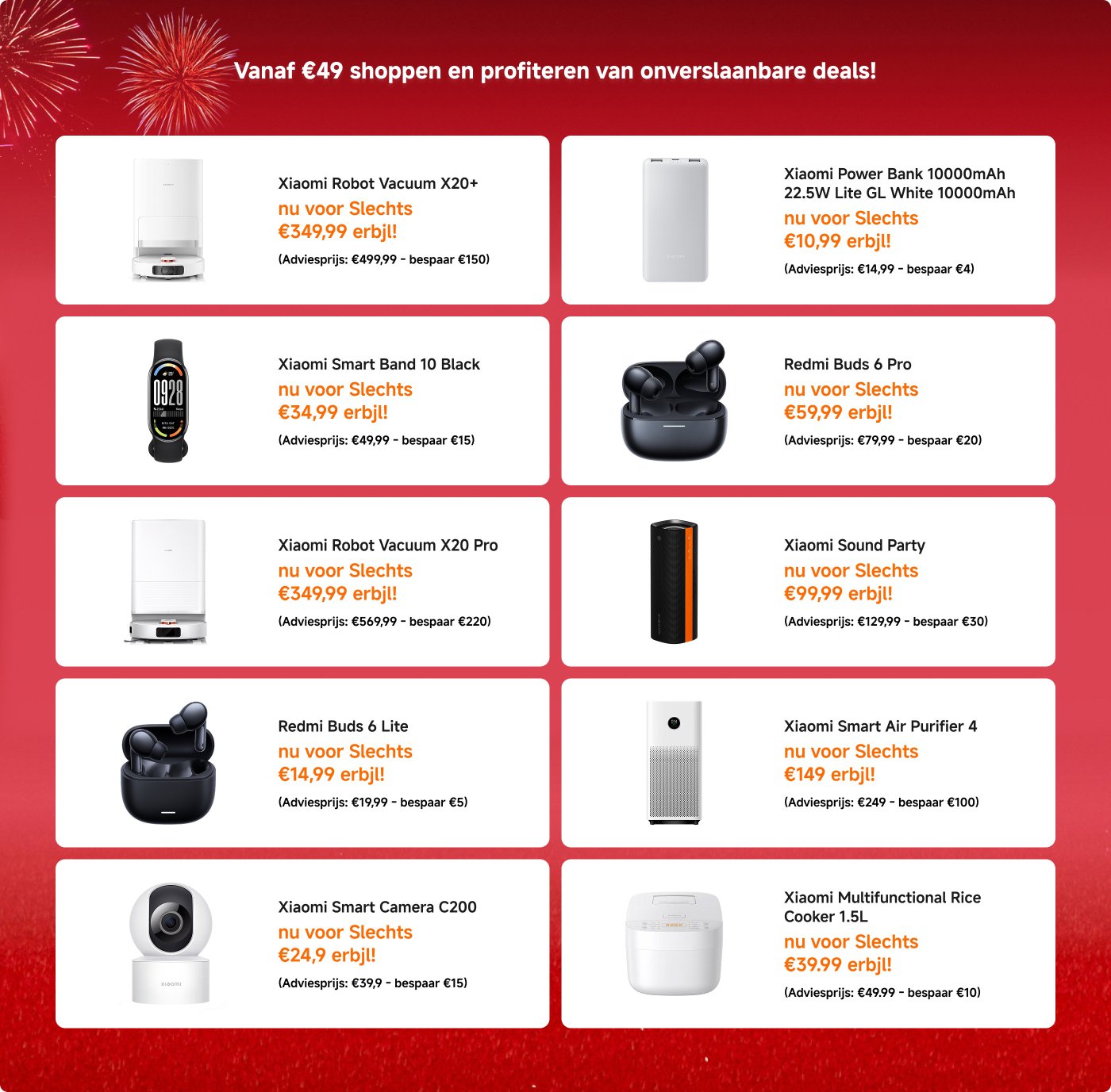 Aanbiedingsinformatie met kortingen op verschillende Xiaomi-producten, zoals de Xiaomi Robotstofzuiger, de Mi Casual Backpack en de Redmi-oordopjes, benadrukt dat je vanaf 49 euro kunt winkelen voor geweldige aanbiedingen.