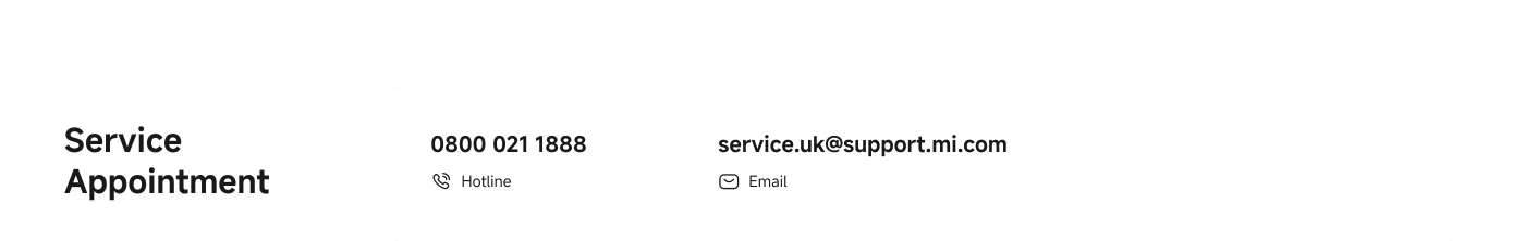 Service appointment details include a hotline number: 0800 021 1888 and an email contact: service.uk@support.mi.com.