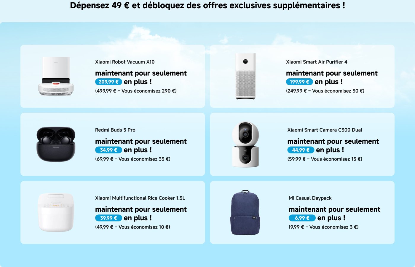 In deze afbeelding worden promotie-informatie weergegeven voor verschillende Xiaomi-producten, inclusief prijzen en besparingen. De producten omvatten de Xiaomi-robotstofzuiger, de Xiaomi-luchtzuiveraar, de Redmi-oordopjes, de Xiaomi-multifunctionele rijstkoker, de Xiaomi-slimme camera en de rugzak. Elk product heeft zowel de oorspronkelijke prijs als de kortingsprijs.