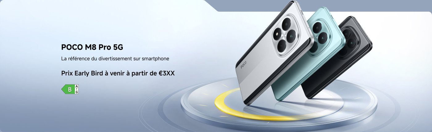 L'image présente trois smartphones de différentes couleurs (argent, bleu et noir) disposés en formation circulaire. Le texte met en avant le "POCO M8 Pro 5G" comme référence pour le divertissement sur smartphone, mentionnant un prix de lancement de  €??.