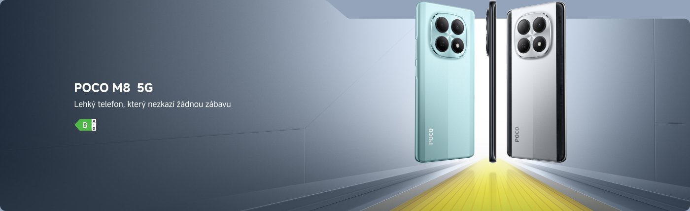 POCO M8 5G telefon ukazuje, slogan zní „Lehký telefon, který nezmešká žádnou zábavu“ a uvádí, že počáteční cena je 5399 českých korun. Telefon je k dispozici v modré a stříbrné barvě. Pozadí má minimalistický design.
