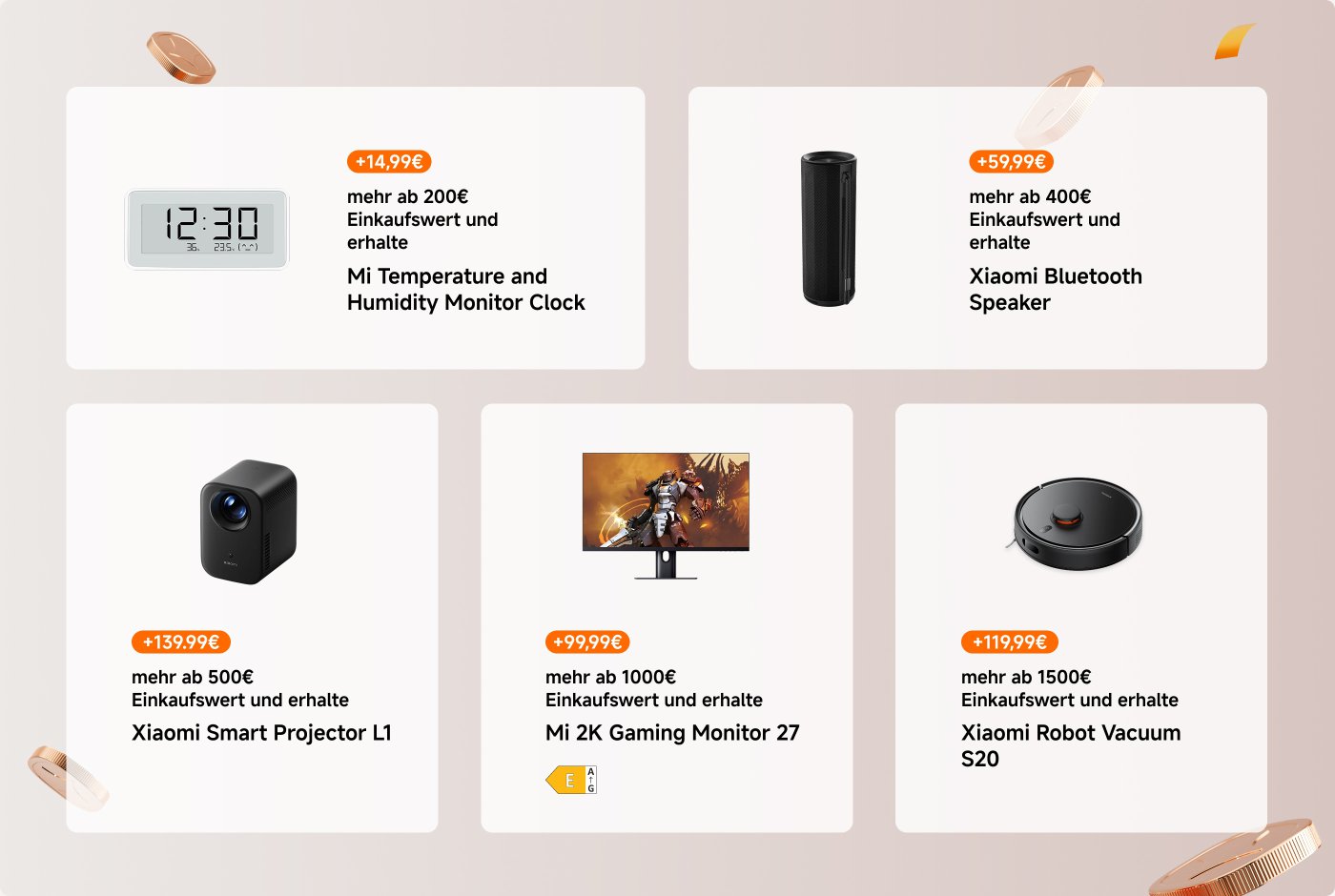 Das Bild zeigt mehrere Produkte und ihre Verkaufsinformationen, einschließlich Preise und Einkaufsbedingungen. Die Produkte umfassen die Xiaomi Temperatur- und Feuchtigkeitsüberwachungsuhr, den Xiaomi Bluetooth-Lautsprecher, den Xiaomi Smart Projektor, den Xiaomi 2K Gaming-Monitor und den Xiaomi Roboterstaubsauger, wobei jedes Produkt Informationen zu Rabatten bei Erreichen eines bestimmten Betrags enthält.