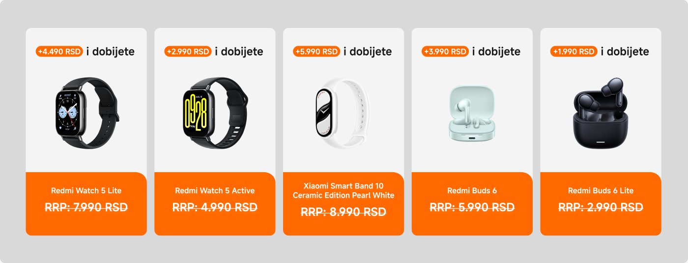 Prikaz više proizvoda pametnih satova i slušalica, uključujući Redmi Watch 5 Lite, Redmi Watch 5 Active, Xiaomi Smart Band 10 i seriju Redmi Buds 6, cene i informacije o promocijama su jasno vidljive.