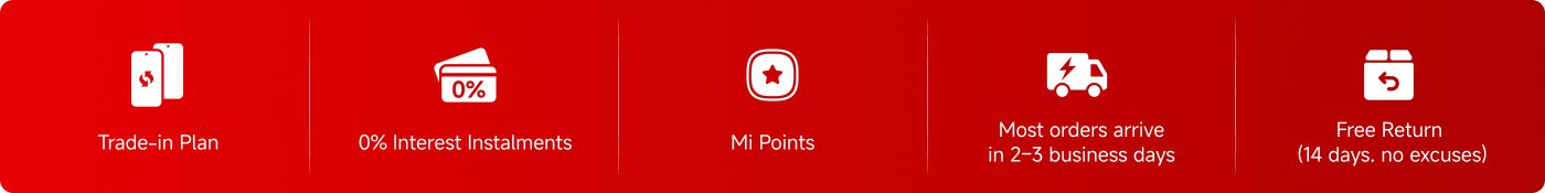 Provided multiple service information, including: trade-in program, 0% interest installment payments, Mi points, delivery of orders within 2-3 working days, and a 14-day free return policy.