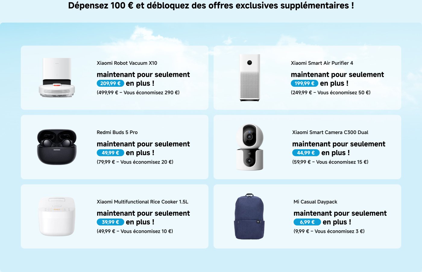 In deze afbeelding worden promotie-informatie weergegeven voor verschillende Xiaomi-producten, inclusief prijzen en besparingen. De producten omvatten de Xiaomi-robotstofzuiger, de Xiaomi-luchtzuiveraar, de Redmi-oordopjes, de Xiaomi-multifunctionele rijstkoker, de Xiaomi-slimme camera en de rugzak. Elk product heeft zowel de oorspronkelijke prijs als de kortingsprijs.