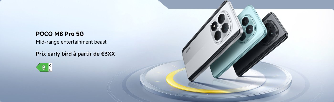 Le smartphone POCO M8 Pro 5G est présenté comme un appareil de divertissement de milieu de gamme. Il comprend des informations sur le prix de lancement, à partir de €3XX, avec un marquage vert à côté. Le téléphone est disponible en trois couleurs, avec un fond épuré qui met en valeur le produit.