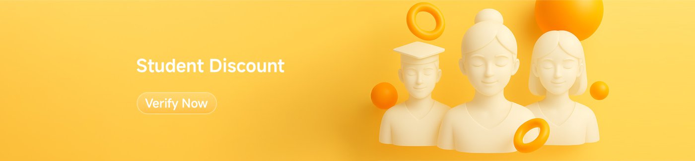 The background is yellow, displaying three faceless three-dimensional figures, one of which is wearing a graduation cap, alongside multiple circular patterns. On the right, there are text prompts saying "Student Discount" and "Verify Now."