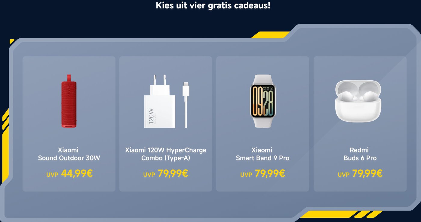 Benutzer können aus vier kostenlosen Geschenken wählen, darunter: der rote Xiaomi Sound Outdoor 30W Lautsprecher (Wert 44,99 €), das Xiaomi 120W HyperCharge Ladegerät (Wert 79,99 €), das Xiaomi Smart Band 9 Pro (Wert 79,99 €) und die Redmi Buds 6 Pro Kopfhörer (Wert 79,99 €).