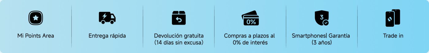 Los servicios ofrecidos incluyen: área de Mi Points, entrega rápida, devolución gratuita sin condiciones en 14 días, pago a plazos sin intereses y garantía de teléfono (3 años), así como el servicio de cambio por uno nuevo.