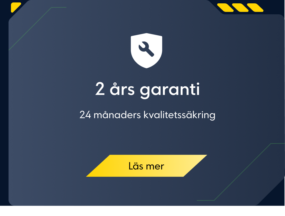 Tillhandahålla information om 2 års garanti och 24 månaders kvalitetsgaranti, inklusive en knapp för "Läs mer".