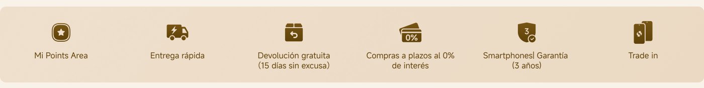 The text in the image highlights several features of a service, including:

1. Mi Points area.
2. Fast delivery.
3. Free returns (15 days without excuse).
4. 0% interest installment purchases.
5. 3-year warranty for smartphones.
6. Trade-in option (device exchange).

These features suggest attractive benefits for consumers.
