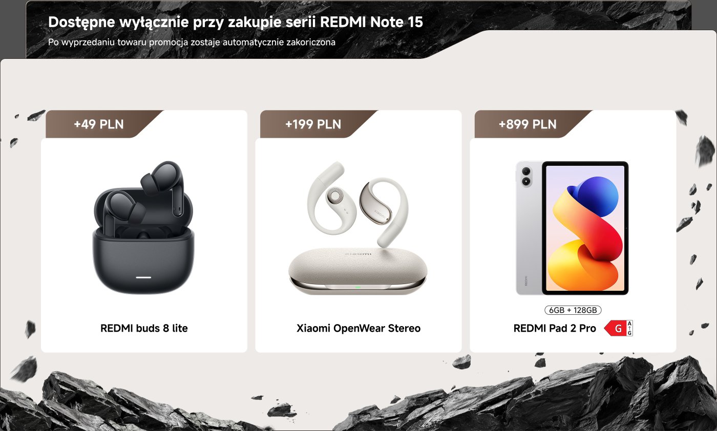 Obraz przedstawia promocję różnych produktów Xiaomi dostępnych do zakupu.

1. **Zasilacz do szybkiego ładowania Xiaomi 45W** - Dostępny za dodatkowe 29 zł.
2. **Zestaw ładowania Xiaomi 90W Hypercharge** - Dostępny za dodatkowe 39 zł.
3. **Xiaomi Smart Band 10** - Dostępny za dodatkowe 119 zł.
4. **POCO Pad M1** - Dostępny za dodatkowe 799 zł.

Zauważono również, że ładowarka 45W jest dostępna tylko przy zakupie konkretnej serii telefonów.