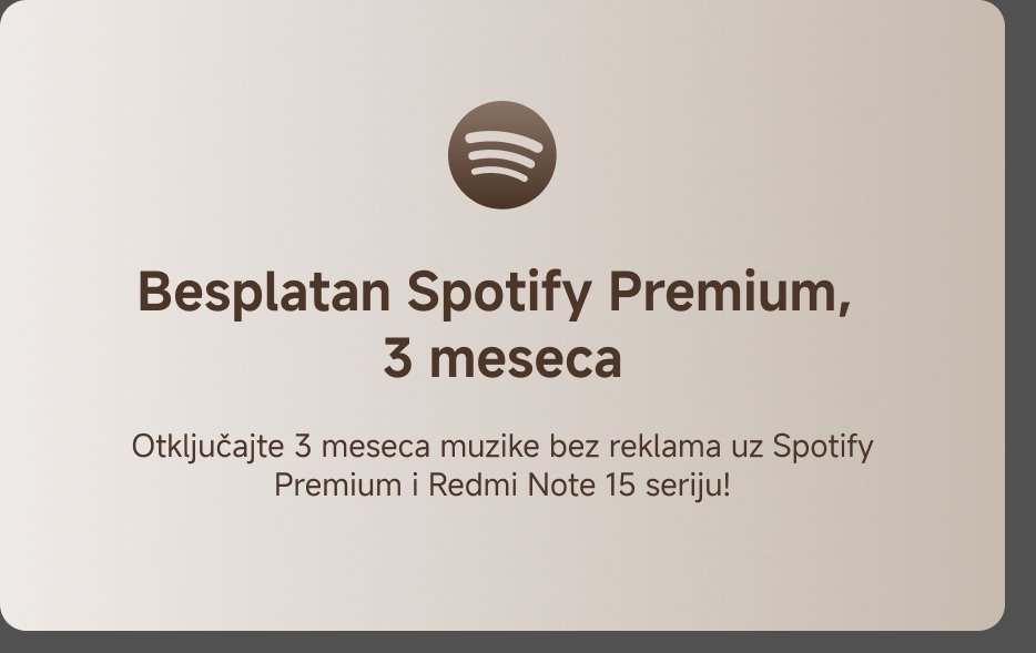 Besplatan Spotify Premium, 3 meseca. Otključajte 3 meseca muzike bez reklama uz Spotify Premium i Redmi Note 15 seriju!