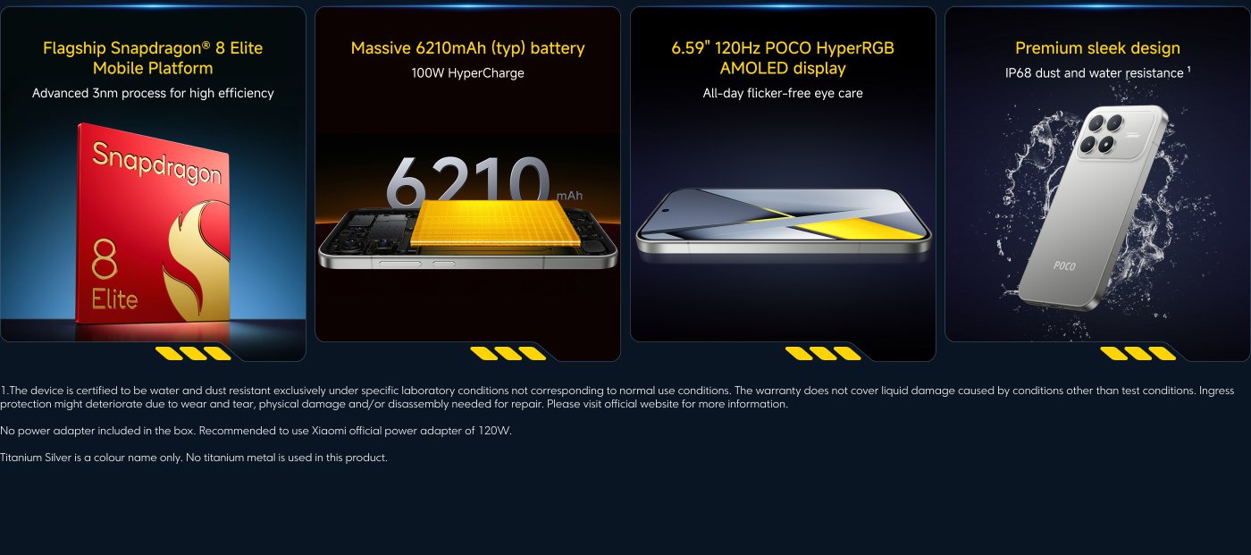 The phone features include: flagship Snapdragon® 8 Elite processor, 6210mAh battery, 100W fast charging, 6.59-inch 120Hz AMOLED display, IP68 dust and water resistance design, suitable for efficient daily use.