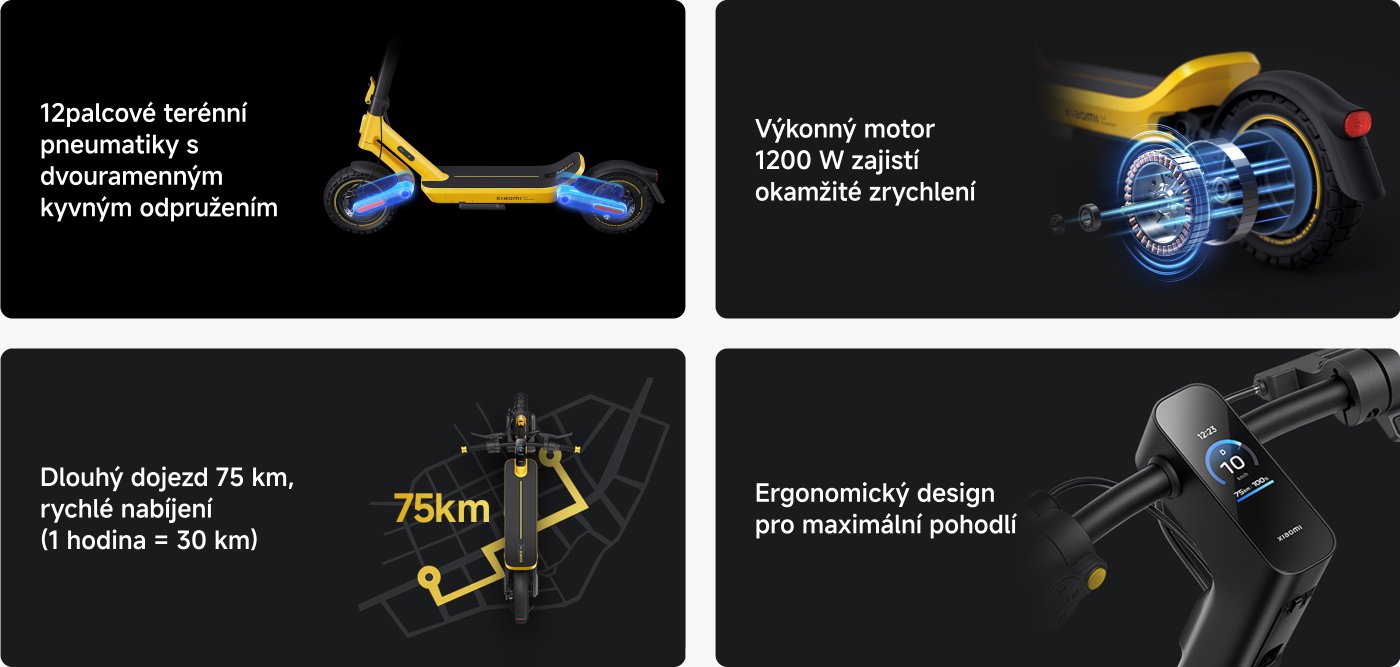 Grafika z žlutým elektrickým skútrem s různými specifikacemi.

1. V levém horním rohu jsou zvýrazněny 12palcové terénní pneumatiky s dvojitým ramenem odpružení.
2. V pravém horním rohu se zmiňuje výkonný motor o výkonu 1200 W pro okamžité zrychlení.
3. V levém dolním rohu je uveden dlouhý dojezd 75 km a rychlé nabíjení (1 hodina = 30 km).
4. V pravém dolním rohu se zdůrazňuje ergonomický design pro maximální pohodlí.