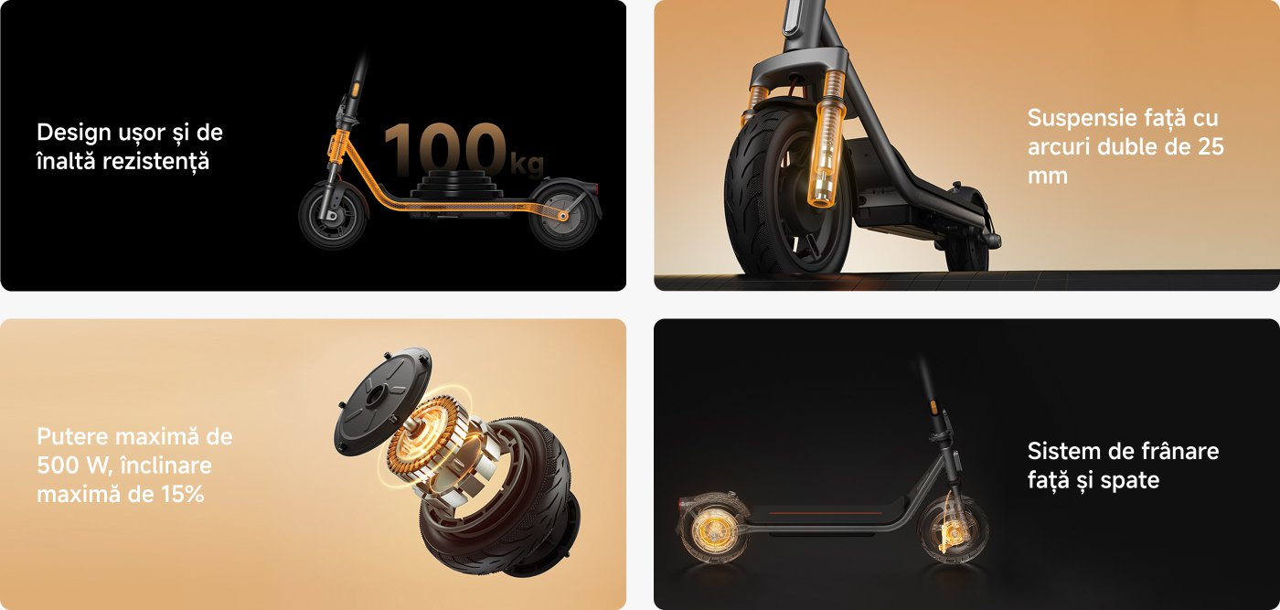 Imaginea prezintă caracteristicile unui scooter electric. Punctele forte includ:

- Suspensie față și spate pentru o plimbare lină.
- Autonomie maximă de 45 km.
- Putere maximă de 800W și un unghi de urcare de până la 18%.
- Capacitate maximă de încărcare de 120 kg.