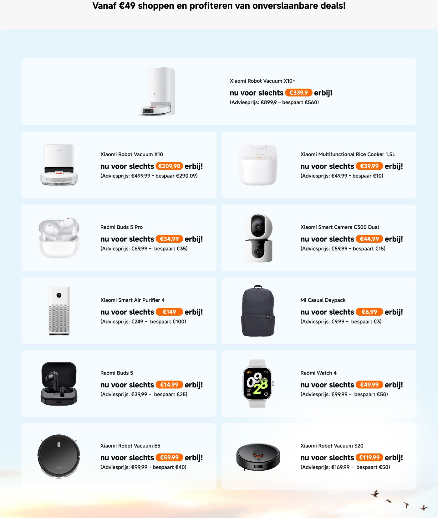 Aanbiedingsinformatie met kortingen op verschillende Xiaomi-producten, zoals de Xiaomi Robotstofzuiger, de Mi Casual Backpack en de Redmi-oordopjes, benadrukt dat je vanaf 49 euro kunt winkelen voor geweldige aanbiedingen.