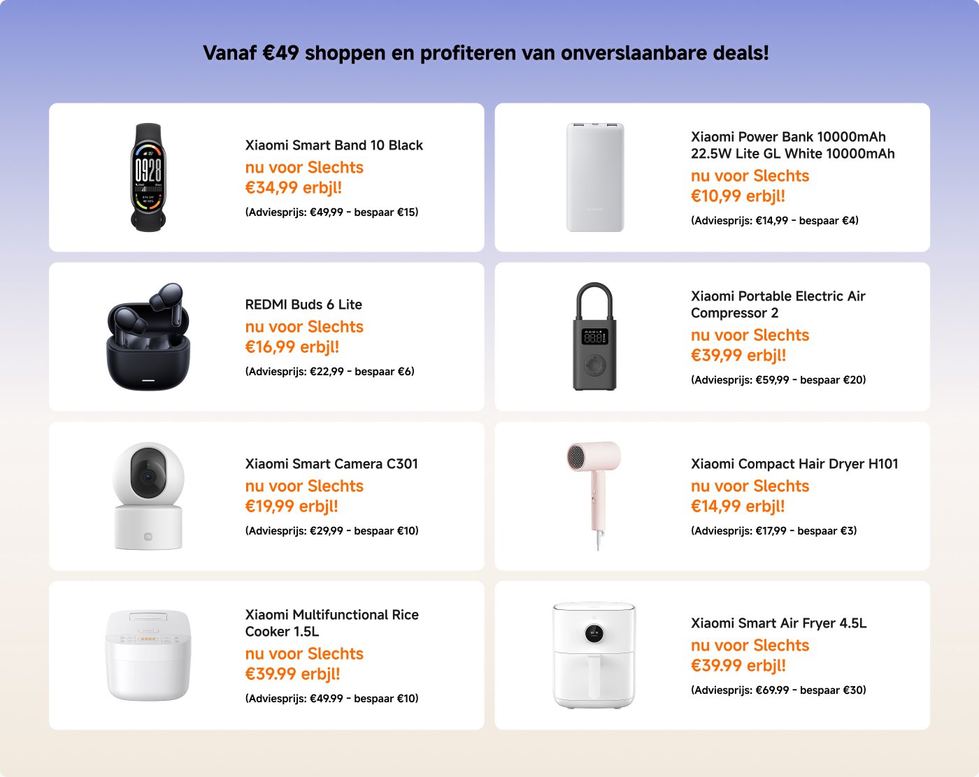 Aanbiedingsinformatie met kortingen op verschillende Xiaomi-producten, zoals de Xiaomi Robotstofzuiger, de Mi Casual Backpack en de Redmi-oordopjes, benadrukt dat je vanaf 49 euro kunt winkelen voor geweldige aanbiedingen.