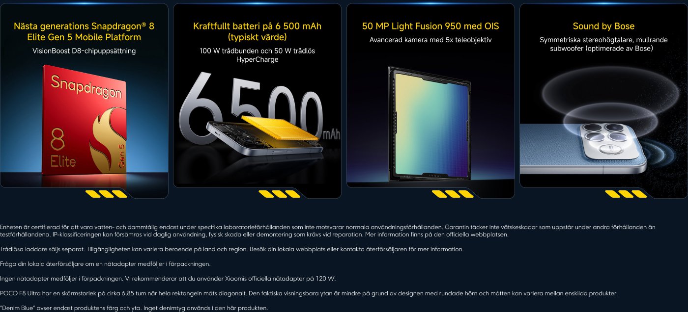 Visade de många funktionerna hos POCO F8 Ultra-telefonen, inklusive Snapdragon 8 Elite Gen 5 mobilplattform, 6500mAh batteri, 50MP Light Fusion 950-kamera och Bose ljudsystem. Enheten har vattentålig och dammtålig certifiering, vilket gör den lämplig för vardagligt bruk.