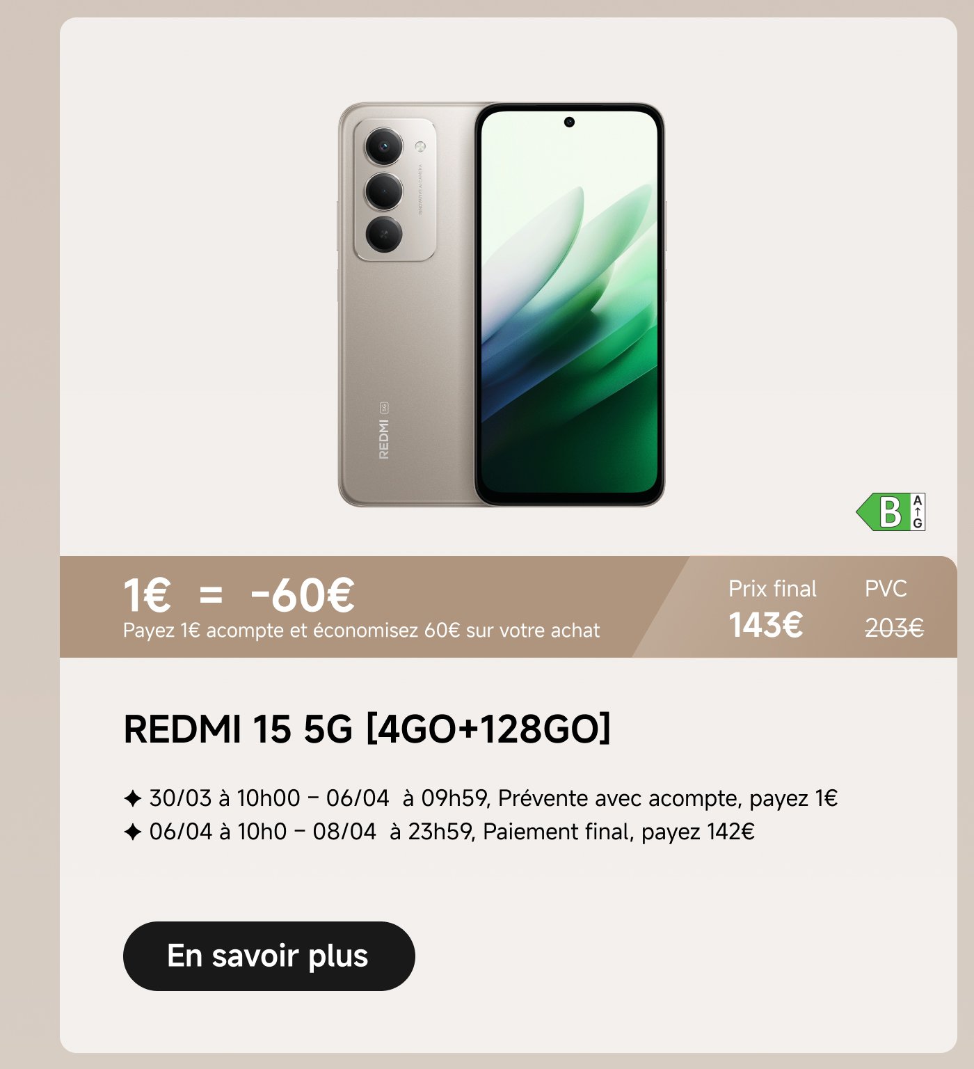 Une annonce promotionnelle présente une tablette REDMI Pad 2, avec des spécifications de 8 Go de RAM et 256 Go de stockage. L'annonce mentionne qu'un acompte de 1 euro permet d'économiser 130 euros, et un cadeau est offert. Le prix final est de 221 euros, contre un prix original de 351 euros. La période d'achat s'étend du 30 mars au 8 avril, incluant des détails sur les modalités de paiement et les informations sur les réductions.