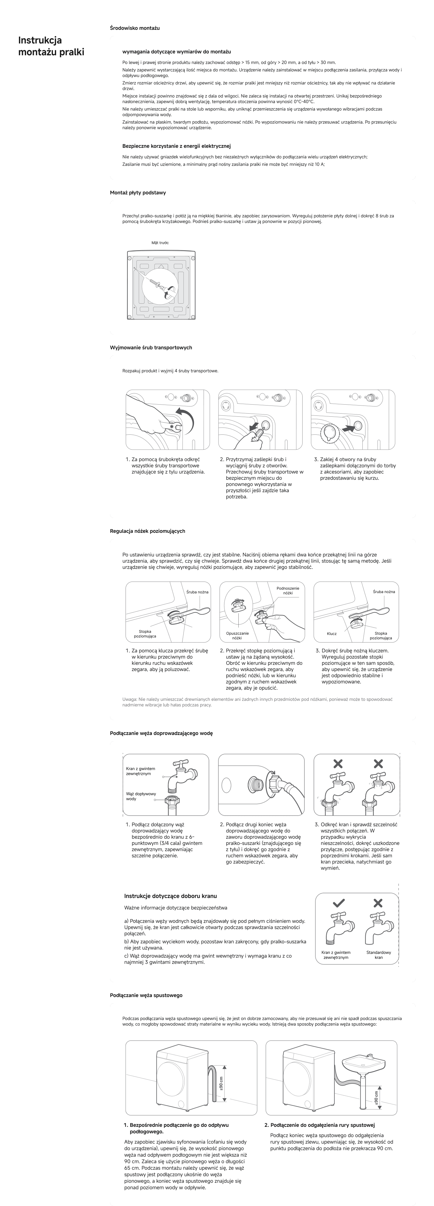 Dokument zawiera instrukcje dotyczące instalacji urządzeń oraz bezpiecznego użytkowania, obejmujące prawidłowe podłączenie kranu i gniazdka elektrycznego. Zawiera wskazówki dotyczące bezpieczeństwa i uwagi, aby zapewnić uniknięcie wypadków podczas użytkowania. Treść tekstu jest obszerna i skomplikowana, co nie spełnia warunków do bezpośredniego wyjścia.

Zastępczy tekst: Instrukcje dotyczące instalacji urządzeń, zawierające kroki podłączenia kranu i zasilania oraz wskazówki dotyczące bezpieczeństwa, aby zapewnić prawidłowe działanie i uniknąć niebezpieczeństw.