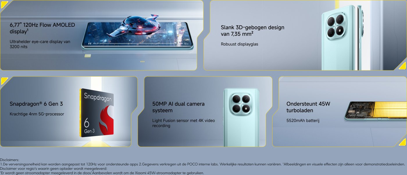 De smartphone-promotiefoto toont het Snapdragon 8 Elite mobiele platform, een 6210mAh grote batterij, een 6,59-inch 120Hz AMOLED-display en een IP68 stof- en waterdicht ontwerp, met de nadruk op hoge prestaties en een hoogwaardige gebruikerservaring.