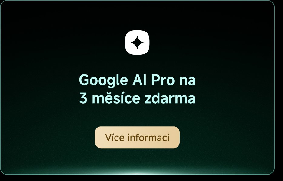 Text na obrázku propaguje "Google AI Pro", který je k dispozici zdarma na 3 měsíce, s tlačítkem označeným "Více informací". Pozadí je tmavé s jemným přechodem.