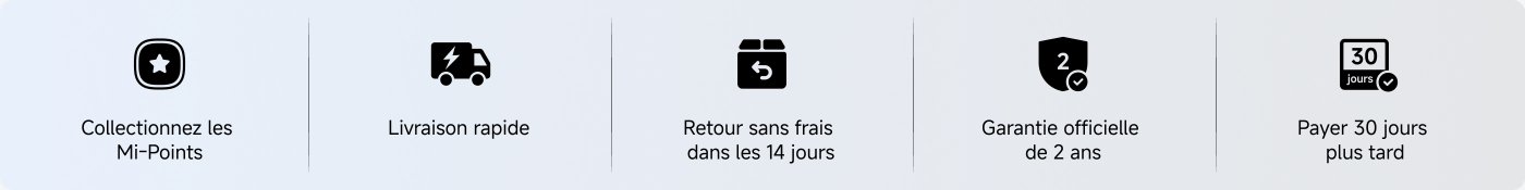 De afbeeldingsinhoud omvat vier pictogrammen en hun beschrijvingen, die de kenmerken van de service tonen: verzamelen en besparen van MI-punten, snelle levering, 14 dagen gratis retourneren, 2 jaar officiële garantie, en betaling na 30 dagen.