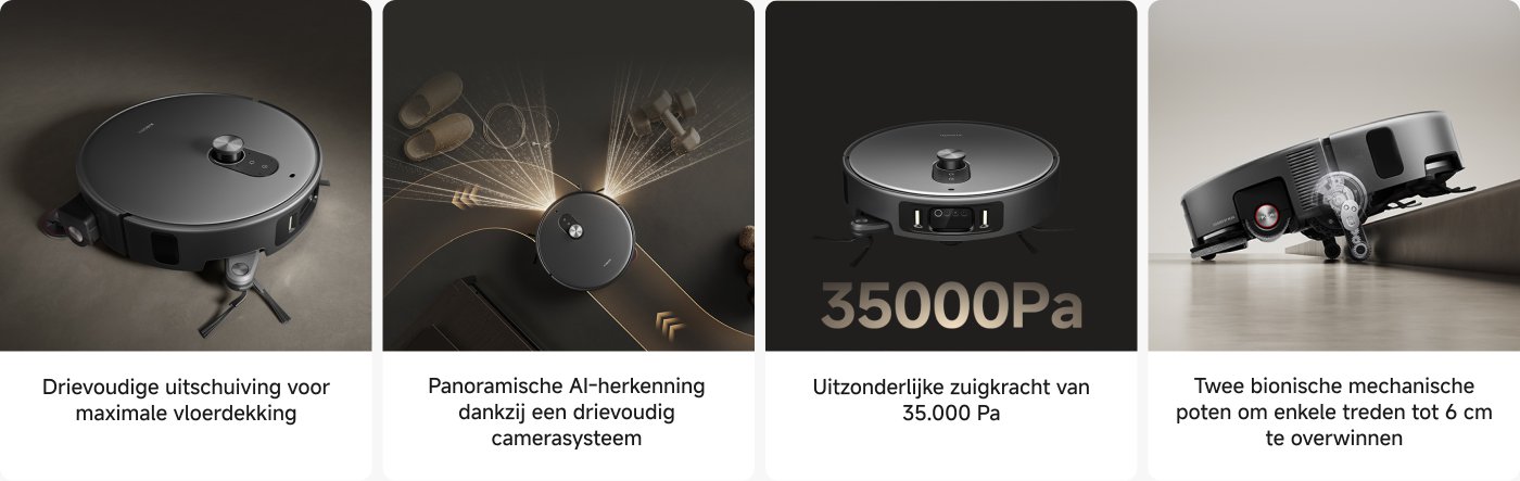 Slimme stofzuigerrobot, uitgerust met dubbele mechanische armen voor nauwkeurige reiniging, krachtige zuigkracht tot 15000Pa, hoofdborstel en zijborstel maken gebruik van anti-verstrikkings-technologie en kunnen in één keer 180 vierkante meter aan woningen schoonmaken.