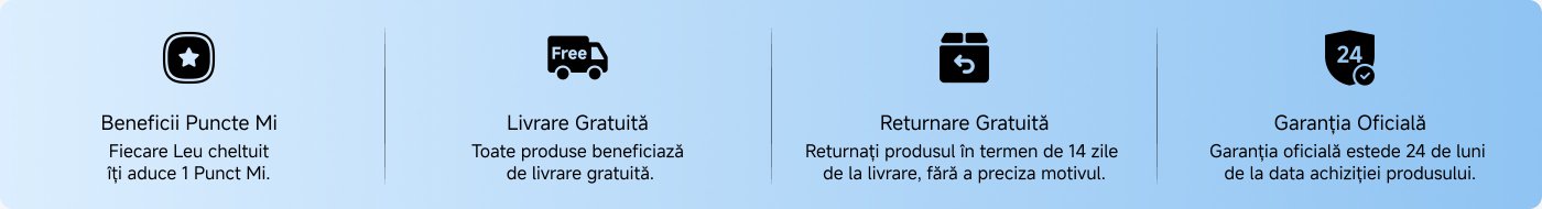 Imaginea conține patru informații despre serviciile produsului: 1. Sistem de puncte, pentru fiecare 1 leu cheltuit se obține 1 punct; 2. Livrare gratuită, toate produsele beneficiază de serviciul de livrare gratuită; 3. Returnare gratuită, clienții pot returna produsele în termen de 14 zile de la livrare, fără a fi nevoie să ofere un motiv; 4. Garanție oficială, produsele beneficiază de o garanție oficială de 24 de luni de la data achiziției.