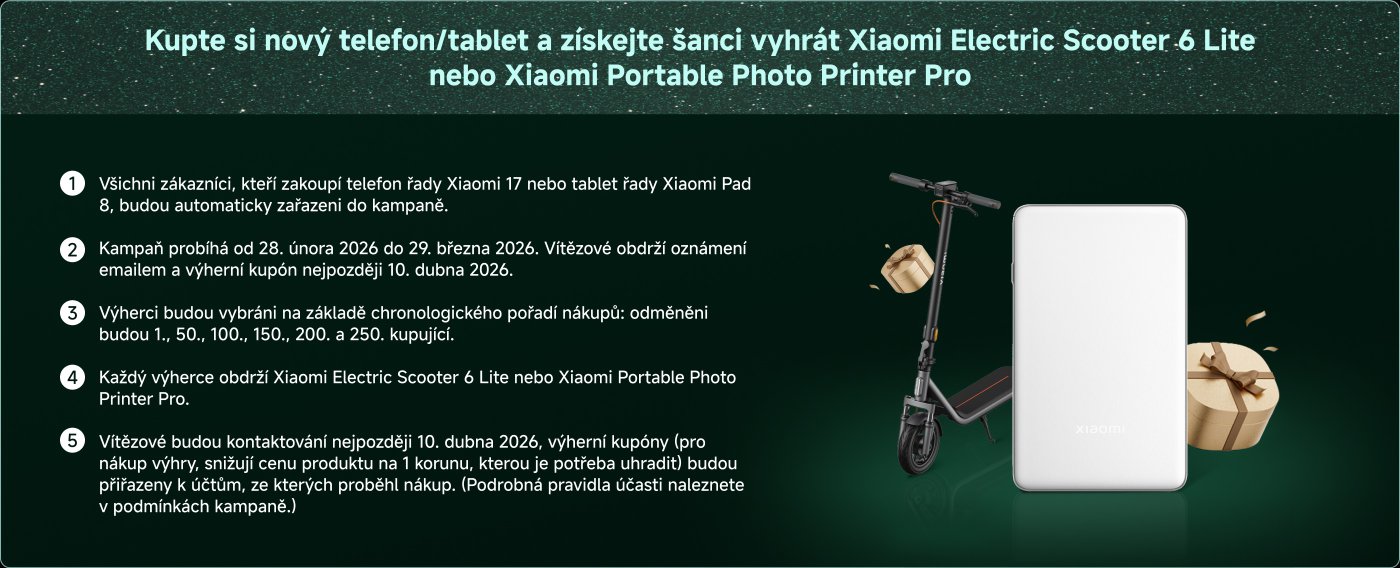 Buy a new phone or tablet and get a chance to win a Xiaomi Electric Scooter 6 Lite or Xiaomi Portable Photo Printer Pro.

1. Customers who purchase a Xiaomi 17 phone or Xiaomi Pad 8 tablet will automatically be entered into the campaign.
2. The campaign runs from February 28, 2026, to March 29, 2026. Winners will be notified by email and will receive a winning coupon no later than April 10, 2026.
3. Winners will be selected based on the chronological order of purchases.
4. Each winner will receive a Xiaomi Electric Scooter 6 Lite or a Xiaomi Portable Photo Printer Pro.
5. Winners will be contacted by April 10, 2026, at the latest.