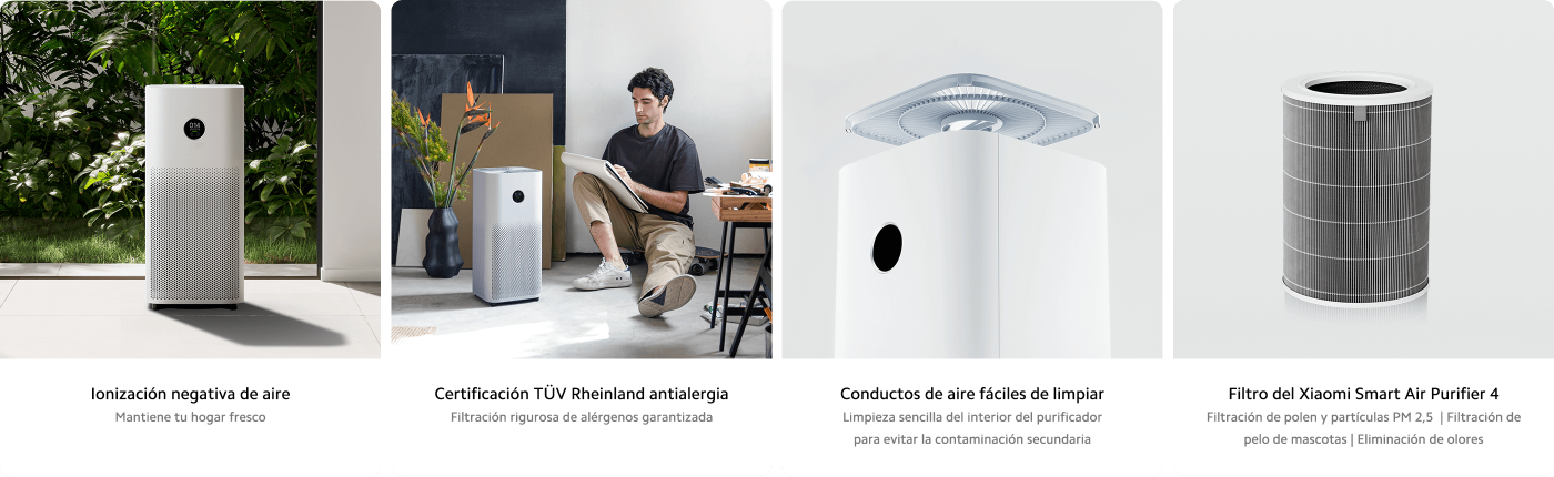 Un purificador de aire, con función de iones negativos, certificado, diseño simple, fácil de limpiar, equipado con un filtro eficiente, adecuado para eliminar polen, pelo de mascotas y olores. El fondo es un entorno de plantas verdes, creando una atmósfera fresca.