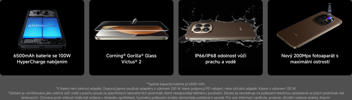Baterie s kapacitou 6500mAh podporuje rychlé nabíjení 100W HyperCharge, je vybavena sklem Corning® Gorilla® Glass Victus® 2, má odolnost proti prachu a vodě IP66/IP68 a je vybavena vysoce rozlišeným fotoaparátem s rozlišením 200Mpx.