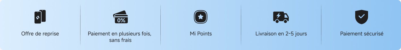 Fournir une série d'icônes de services et de fonctionnalités, y compris des remises pour le recyclage de téléphones, des paiements échelonnés sans frais, des points Mi, une livraison sous 2 à 5 jours et un paiement sécurisé.