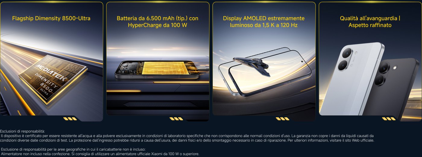 The device features the MediaTek Dimensity 8500-Ultra processor, a 6,500 mAh battery with 100W HyperCharge, and a bright 1.5K AMOLED display at 120Hz. The design is sleek and refined. It is important to note that water protection is valid only under specific laboratory conditions.