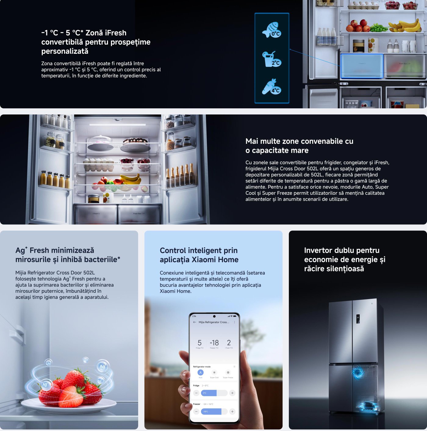 -1 °C - 5 °C iFresh convertibil pentru prospețime personalizată, cu control precis al temperaturii. Frigiderul Mijia Cross Door 502L are zone de depozitare mari și funcții de Auto, Super Cool și Super Freeze. Tehnologia Ag+ Fresh reduce mirosurile și bacteriile, menținând igiena alimentelor. Control inteligent prin aplicația Xiaomi Home pentru setări ușoare. Inverter dublu pentru economie de energie și funcționare silențioasă.